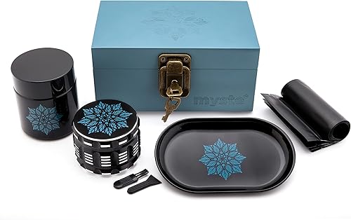 MYSTE BLUE MANDALA Stash Box avec Accessoires, Grand Grinder 63 mm, Set Anti-Odeur, Stashbox Combo Kit, Verrouillable, Rolling Tray Set - Nail Gallerys