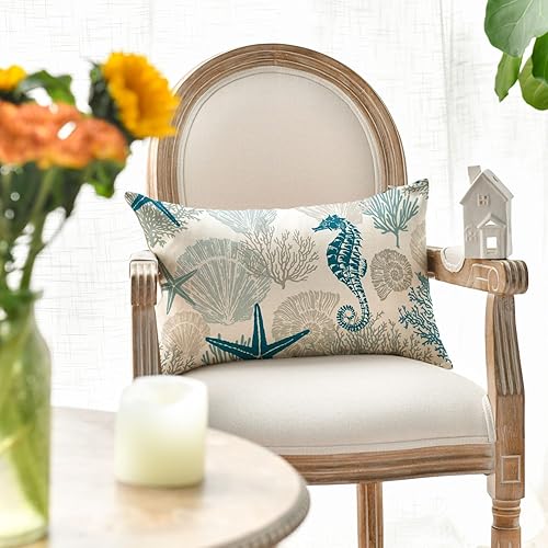Artoid Mode Housse de coussin d'été, motif hippocampe, corail, étoile de mer, coquillages, 30 x 50 cm, décoration printanière pour canapé, salon - Nail Gallerys