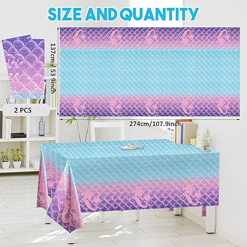 2 Pièce Nappe Sirène, Anniversaire Decoration Nappe Sirène, 137 x 274 cm Rectangulaires Table Nappe de Fête, Nappes pour Fêtes d'anniversaire, dîners de Famille, Pique-Nique (Violet) - Nail Gallerys
