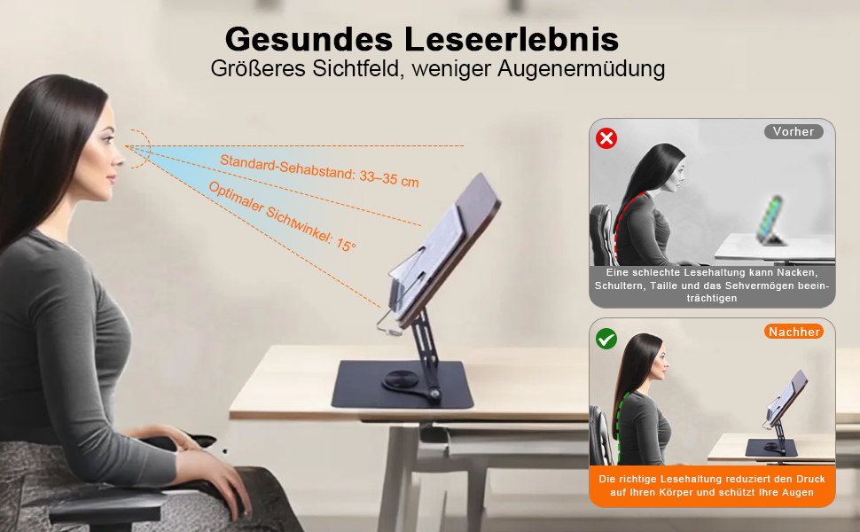 Support ajustable pour tablette/téléphone présentant des angles de vision ergonomiques, avec des graphiques d'instructions indiquant la posture appropriée pour l'utilisation de l'appareil.