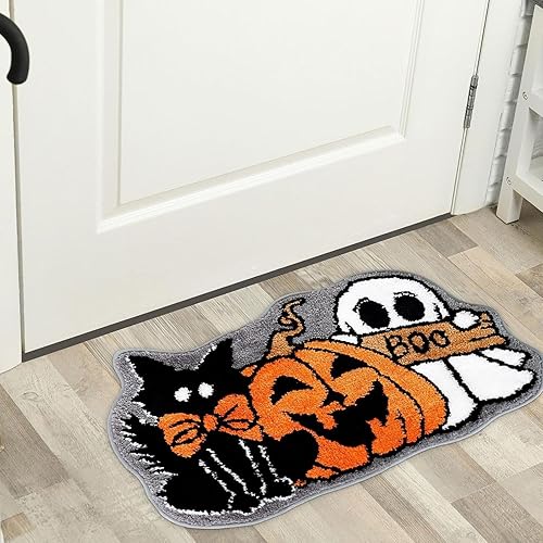 Tapis de bain Halloween, tapis de salle de bain citrouille | Tapis de bain de dessin animé à motif de chat noir citrouille - Tapis décoratif doux mignon lavable de Halloween d'anti glissement pour la - Nail Gallerys