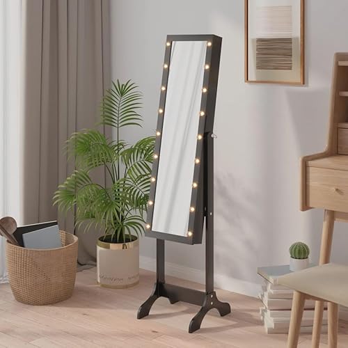 vidaXL Miroir sur Pied avec LED, Miroir de Sol avec Rangement, Miroir de Maquillage, Décoration de Chambre à Coucher Couloir Vestiaire, Moderne, Noir - Nail Gallerys