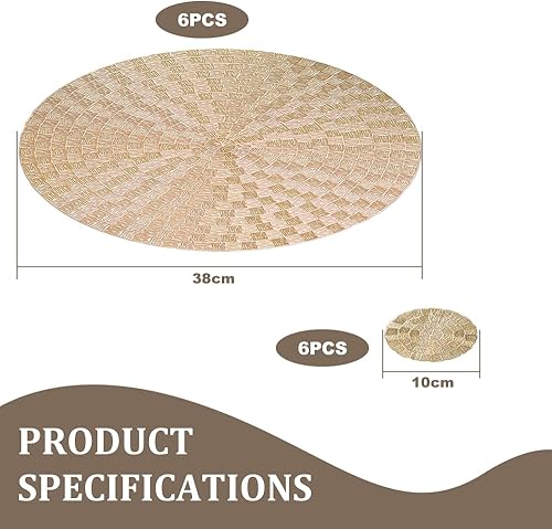 HEKOBAG Lot de 6 Sets de Table Rond, Set de Table PVC Lavable et 6 Pcs Dessous de Verre, Set de Table Vinyle Rond Imperméable et Antidérapant 38cm, Set de Table Plastique pour Table à Manger (Doré) - Nail Gallerys