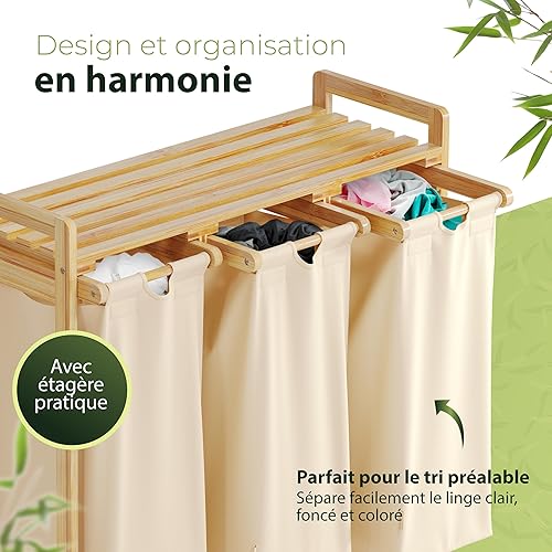 AMBIAVO Panier à Linge 3 Compartiments en Bambou et Coton Beige – Bac à Linge 3 Compartiment et Panier Linge Sale 3 Compartiment avec Sacs Amovibles – Tri Pratique et Éco pour Salle de Bain - Nail Gallerys