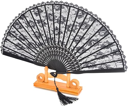 Medifier Éventail pliable en dentelle de bambou avec pochette en soie faite à la main et boîte cadeau, cadeau de fête de mariage pour filles et femmes, noir - Nail Gallerys