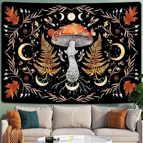 Alishomtll Tapisserie murale champignon vintage, lune feuille d'érable botanique noir et doré, tenture murale, esthétique florale naturelle, décoration murale, multicolore, chambre à coucher, dortoir, - Nail Gallerys