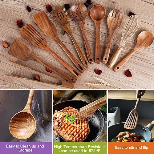 Ensemble d'ustensiles de cuisine avec support, ustensiles de cuisine en bois pour la cuisine, ustensiles en bois de teck naturel pour la cuisine, ensemble d'ustensiles de cuisine en bois avec spatule - Nail Gallerys