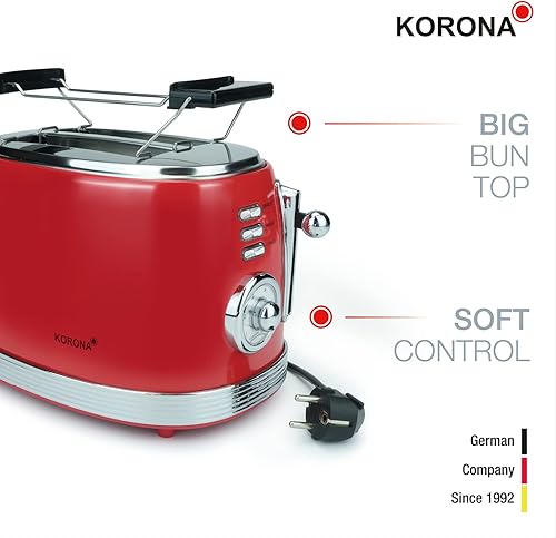 Korona 21668 Grille-pain | 2 tranches | Design rétro | Rouge | 6 niveaux de brunissage | Rétro | Décongélation, rôtir, réchauffer | 850 W | Grille réchauffe-viennoiseries | Tiroir ramasse-miettes | - Nail Gallerys