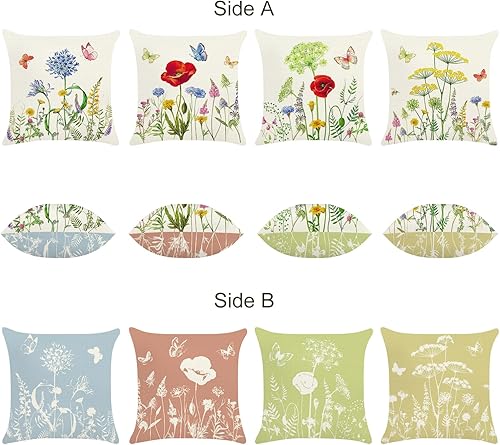 Bonhause Lot de 4 Housse de Coussin Fleurs de Jardin 45 x 45 cm Papillon Polyester Lin Décoratif Taie d'oreiller pour Canapé Lits Chaises Salon Maison Extérieur Décor - Nail Gallerys