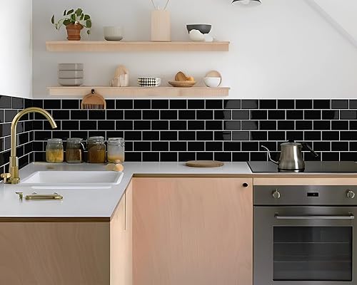 Tiwoos 10 Credence Adhesive Adhesif Mural pour Cuisine Autocollant Carrelage Salle de Bain,Noir (30.5x 30.5cm) - Nail Gallerys