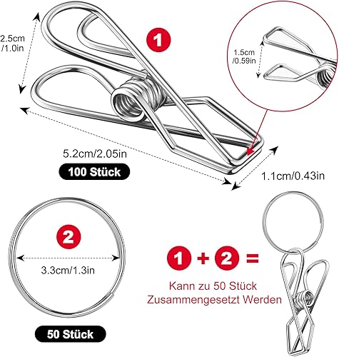 Celepoir 100 Pièces Pinces à Linge, Pinces à Linge en Acier Inoxydable & 50 Anneaux en Acier INOX, Multi-Usages Pincinox Metal, Exterieur Pincinox pour Serviettes, Vêtements, Lumières - Nail Gallerys