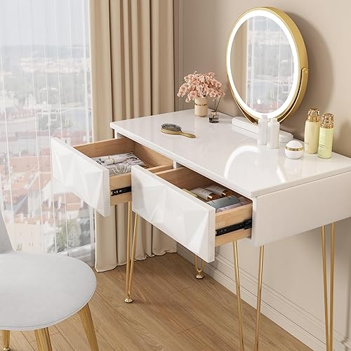 EUGAD Coiffeuse avec Miroir LED Réglable à 3 Niveaux, Table de Maquillage avec Chaise en Velours, Coiffeuse Table avec 3 Tiroirs à Effet 3D en Bois Massif, Meuble Chambre, Blanc+Doré, 0054SZT - Nail Gallerys
