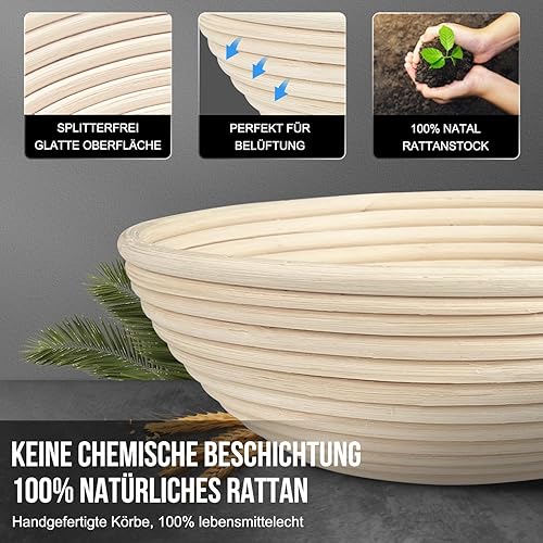 Walfos® Lot de 2 paniers de fermentation pour la cuisson du pain (rond 23 cm + ovale 25 cm), 100 % rotin naturel, avec couteau de boulangerie, idéal pour la pâtisserie domestique et professionnelle. - Nail Gallerys
