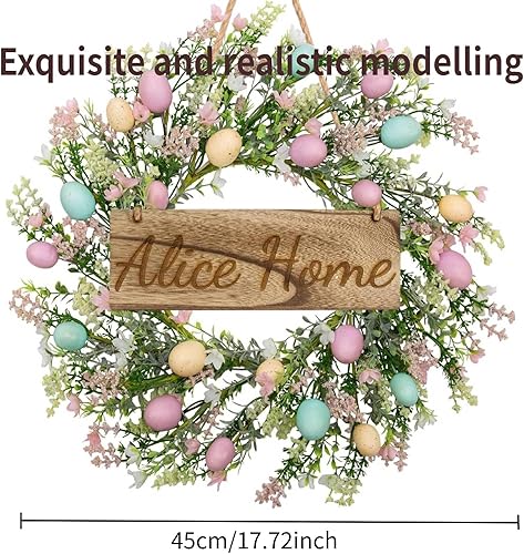 Couronne De Pâques, Couronne De Porte Personnalisée avec Plaque en Bois Gravée Au Laser – Décoration De Porte Printanière avec œufs Décoratifs, Fleurs Artificielles 45cm/18inch (Egg) - Nail Gallerys