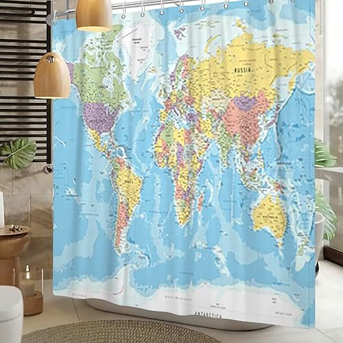 Xiaoterna Rideau de Douche Carte du Monde Rideau de Douche Continents de l'océan Bleu Rideau de Douche Carte du Monde Rideau de Douche géographie Tissu imperméable et Lavable en Machine 240x180cm - Nail Gallerys