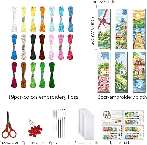 FREEBLOSS 6 ensemble de Kit de Marque Pages au Point de Croix Kit de Point de Croix Estampé Marque Page de Broderie Estampé de Scène Rurale avec Instructions Kits de Point de Croix 8''X2.4'' - Nail Gallerys