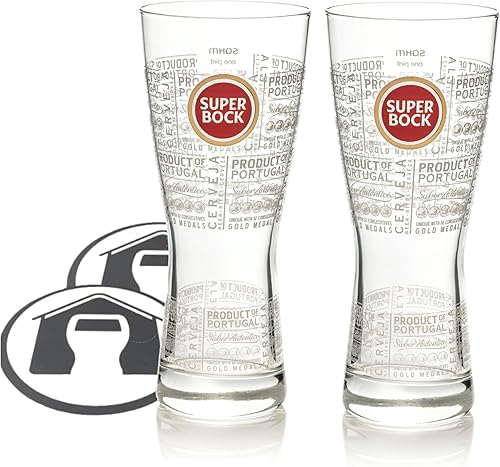 GarageBar Verre à bière Super Bock - Nucléé - De la pinte à bord - Produit officiel - Livré avec 2 tapis anti-goutte à bière - 2 verres - Nail Gallerys