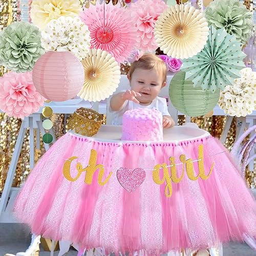 Décorations de fête prénatale vert sauge rose pour fille Oh Girl Bannière pompons en papier de soie éventails fleurs cercle pois guirlande neutre fournitures de fête d'anniversaire pour bébé fille - Nail Gallerys