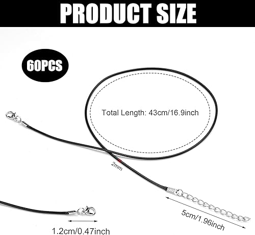 60 Pièces Cordon Collier pour Pendentif, 43cm Cordon Cuir pour Collier avec Fermoir, Cordon de Collier Ciré 1.5mm, Cordon de Pendentif Ciré Noir pour La Fabrication de Colliers, Bracelets et Bijoux - Nail Gallerys