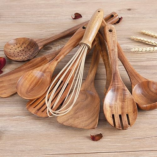 Ensemble d'ustensiles de cuisine avec support, ustensiles de cuisine en bois pour la cuisine, ustensiles en bois de teck naturel pour la cuisine, ensemble d'ustensiles de cuisine en bois avec spatule - Nail Gallerys