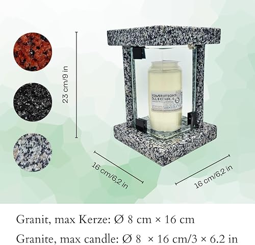 Lanterne funéraire cimetière résistante aux intempéries – Lampe funéraire en granit fabriquée à la main (6 kg), 23 x 16 x 16 cm, pour bougies jusqu'à Ø 8 cm et 16 cm. Noir, gris, rouge. Avec ou sans - Nail Gallerys