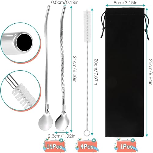 TIANCONGYUN Ensemble 2 en 1 de Cuillères à Paille INOX, 14 Pailles Metal avec Brosse de Nettoyage, Pailles Réutilisables, Longue Cuillère à Paille pour Le Café, Les Milkshakes et Les Cocktails - Nail Gallerys