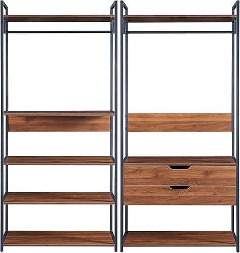 [en.casa] Ensemble de 2 Portants à Vêtements Design Industriel avec Barres de Penderie Armoire 2 Tiroirs 6 Compartiments de Rangement pour Entrée Dressing Métal MDF Noir Effet Noyer - Nail Gallerys