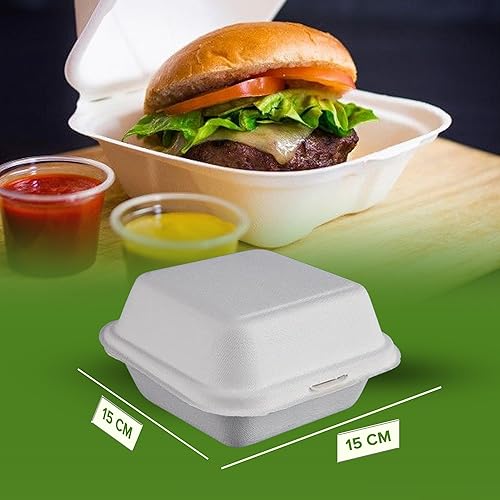 EcoWise Lot de 50 boîtes jetables pour hamburgers - 15,2 cm - En fibre de canne à sucre - Respectueux de l'environnement et biodégradables - Passe au micro-ondes et au congélateur - Pour sandwich, - Nail Gallerys