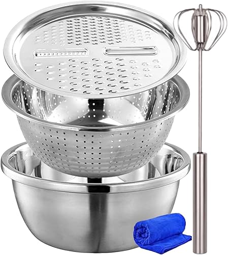 Ensemble de bols à mélanger en acier inoxydable | Râpe en acier inoxydable avec récipient, passoire avec récipient mélangeur, kit d'ustensiles de cuisine multifonction pour légumes et fruits - Nail Gallerys