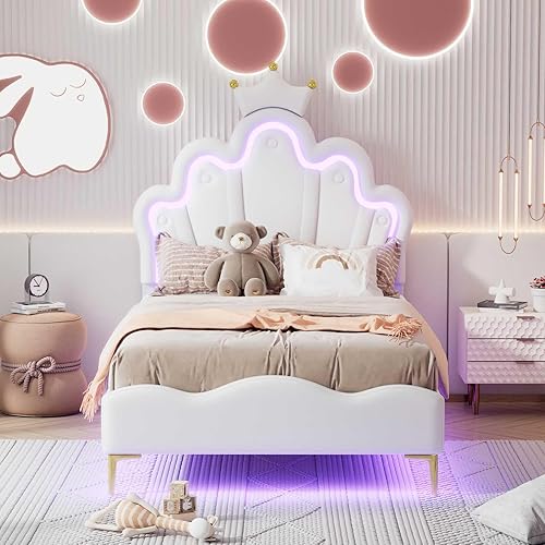 YEHTOKHOME Lit Rembourré avec lumières LED réglables et Tête réglable en Hauteur,Moderne lit de Princesse avec moulure en Couronne,PU(sans Matelas) (Rose 1, 90x200cm) - Nail Gallerys