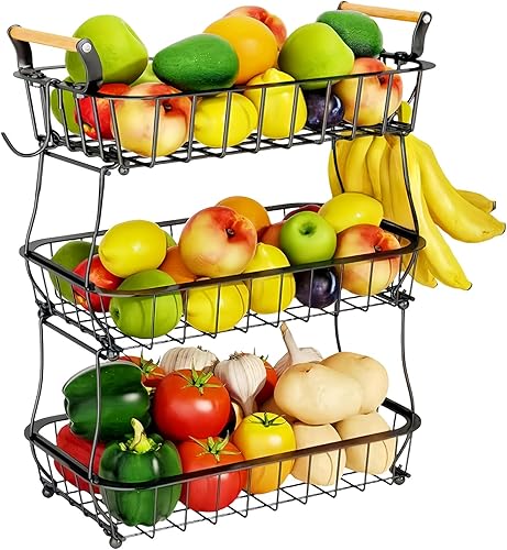 doepeBAE Corbeille a Fruit 3 Etages, Panier Fruits et Légumes, Panier de Fruits et Legumes, Technique de Peinture Métallisée, avec 2 Crochets à Banane, pour Stockage de Fruits et Plus (B-3) - Nail Gallerys