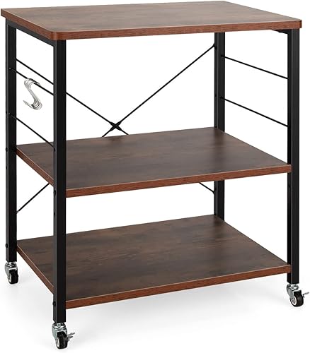 COSTWAY Desserte, Chariot de Service à Roulette, avec 10 Crochets Amovibles, Desserte de Cuisine à 3 Tablettes, Cadre Métallique (Naturel) - Nail Gallerys