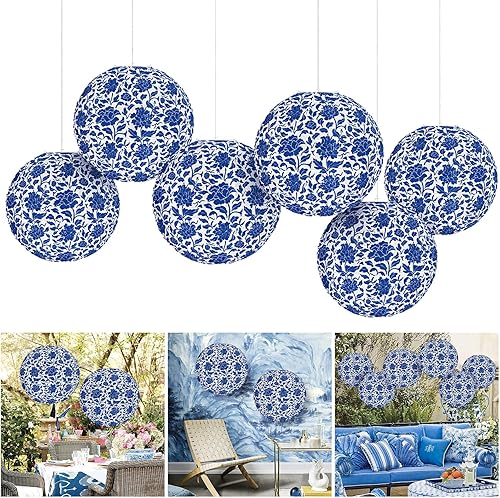 LIbgiubhy Lot de 6 lampes chinoises élégantes en porcelaine bleue et blanche à suspendre pour anniversaire, mariage, décoration de fête - Nail Gallerys