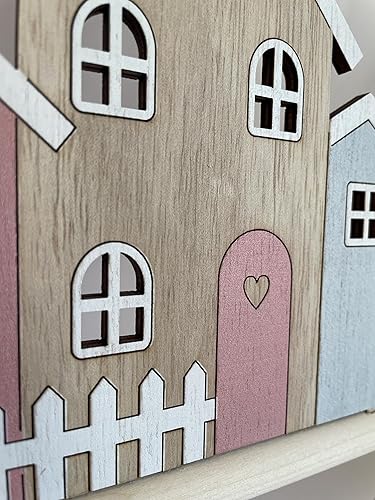 Khevga Couronne de porte Maisons - Décoration de fenêtre et couronne de porte toute l'année - 30 cm de diamètre - Charmante décoration de porte en métal et bois, idéale pour la cuisine et la porte - Nail Gallerys