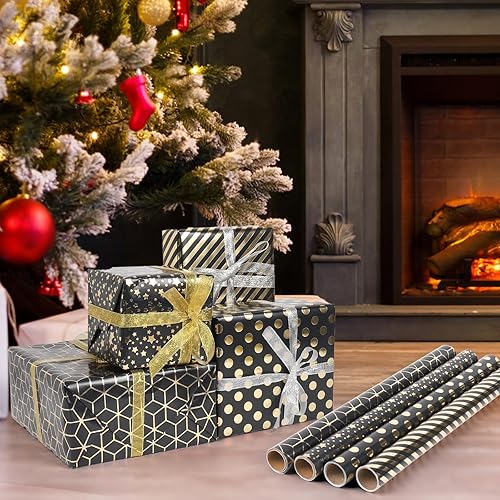 GuKKK Papier Cadeau 43cm x 3M, 4 Rouleaux De Papier d'emballage Cadeau et 2 Rouleaux de Ruban, Papier Cadeau Rouleau Anniversaire, pour Anniversaire, Noël, Vacances, Mariage, Cadeau de Naissance - Nail Gallerys