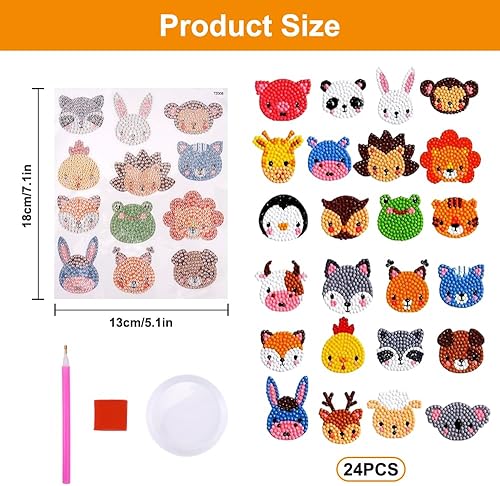 24 Pièces 5D Diamond Painting Autocollants Kits Enfants, DIY peinture Animaux Diamond Painting Enfant Kits, Art Mosaïque Broderie Diamant pour Enfants Débutants Adultes Noël Cadeau D'Anniversaire - Nail Gallerys