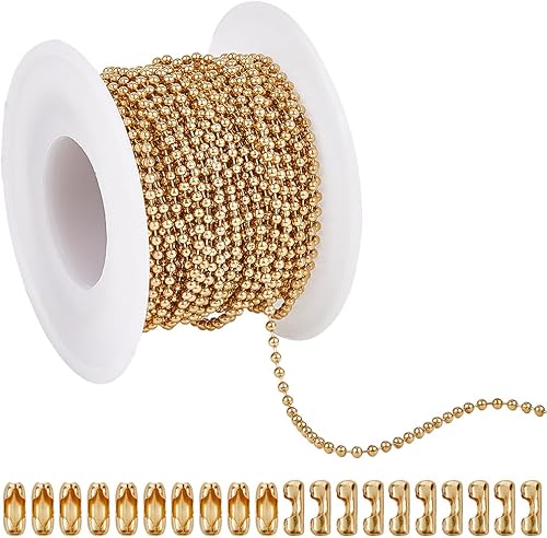 SUNNYCLUE Chaîne à Billes en Or de 32.8 pied/10 m Porte Clés en Acier Inoxydable avec 20 fermoirs de Connecteur Ornements Suspendus Chaîne pour Plaque D'Identité pour la Fabrication de Bijoux Collier - Nail Gallerys