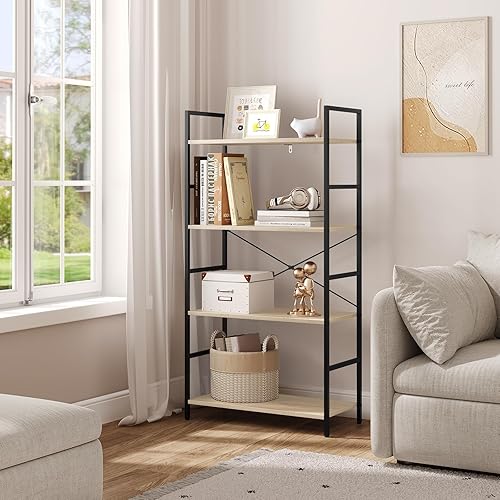 WOLTU Étagère Rangement, Bibliothèque à 4 Niveaux, Meuble de Rangement, Cadre en Métal, pour Salon, Chambre, Cuisine, Bureau, 60x28x116cm, Chêne Clair + Noir - Nail Gallerys