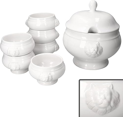 MamboCat Leo Lot de 7 bols à soupe en forme de tête de lion avec ou sans couvercle I 6 x 0,25 l et 1 x 2 l I Bol à soupe blanc avec têtes de lion pour soupe et ragoûts - Nail Gallerys