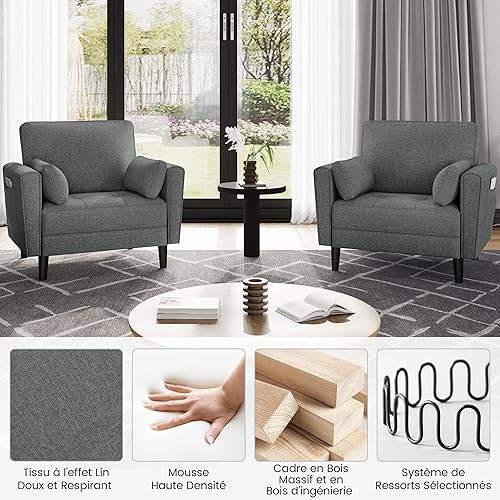 Yaheetech Fauteuil de Salon Moderne avec Accoudoir et Poches Fauteuil Relax avec Coussins Cadre en Bois Fauteuil Chambre en Tissu pour Salon Gris - Nail Gallerys