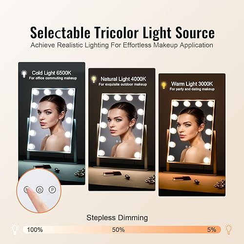 VEVOR Miroir de Maquillage Hollywood Lumineux 12 Ampoules LED Intensité Variable 3 Modes Éclairage de Couleur avec Miroir Grossissant 5X Amovible Contrôle Tactile Intelligent Rotation 360°, 41x30 cm - Nail Gallerys