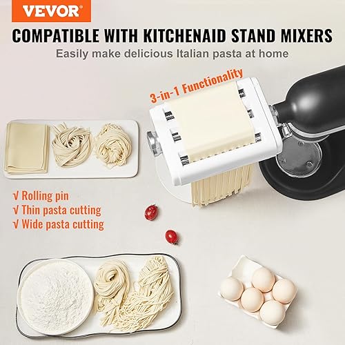 VEVOR Pasta Attachment for KitchenAid Stand Mixer, 3-IN-1 Stainless Steel Pasta Roller Cutter Set Including Pasta Sheet Roller, Spaghetti and Fettuccine Cutter, 8 Adjustable Thickness Knob Pasta Maker - Nail Gallerys