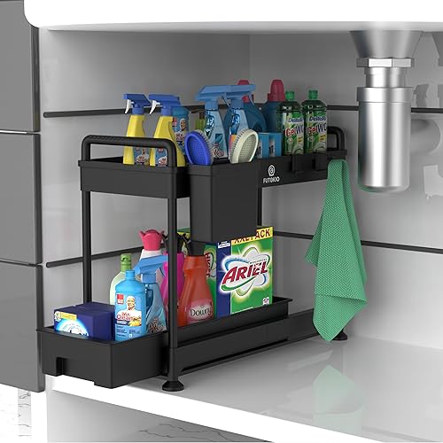 FUTOKIO Rangement sous Evier 2 Niveaux, Rangement et Organisation de Cuisine en Plastique ABS avec Supports Métalliques, Étagère Haute et Robuste, Pieds Antidérapants, Noir - Nail Gallerys