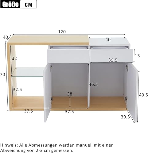 Winmores Buffet LED - Largeur : 120 cm - Multifonction - 2 portes - 2 tiroirs - Buffet avec éclairage LED (120 x 40 x 70 cm) - Nail Gallerys