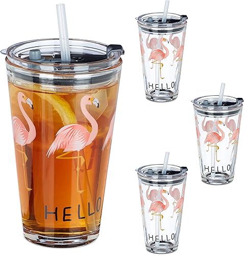 relaxdays Verre avec Paille et Couvercle, Lot de 4, Motif Flamant Rose, 450 ML, lavables au Lave-Vaisselle, Transparent - Nail Gallerys