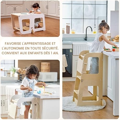 Tour d'Observation Enfant Montessori Convertible en Bureau - Tour d'apprentissage - Tour Observation Tabouret Haut pour Enfant 12 Mois à 6 Ans. - Nail Gallerys