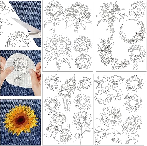 Hobbspring 4 Feuilles de Stabilisateurs de Broderie Solubles dans L'Eau 21x29.7cm Papier à Broder Stick And Stitch avec Motif de Livre de Chat Fleur Plante Pré Imprimé - Nail Gallerys