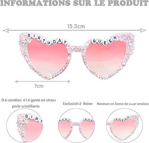 Tbay Lunettes d’Anniversaire Femme – Lunettes Coeur Roses avec Strass et Perles – Accessoires Fête d’Anniversaire pour Fille/Femme – Cadeau Original « Birthday Queen » - Nail Gallerys