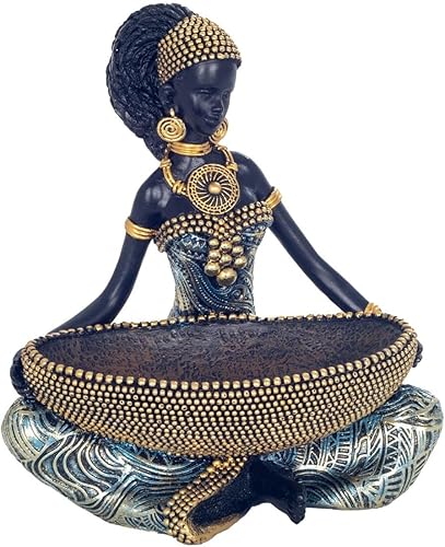 Générique Statue Décorative Africaine, Vide-Poche en Résine, Femme avec Panier, Style Oriental, 16 x 14 cm, Bleu et Or - Nail Gallerys