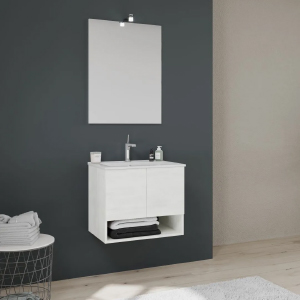 Meuble de salle de bains suspendu blanc effet bois